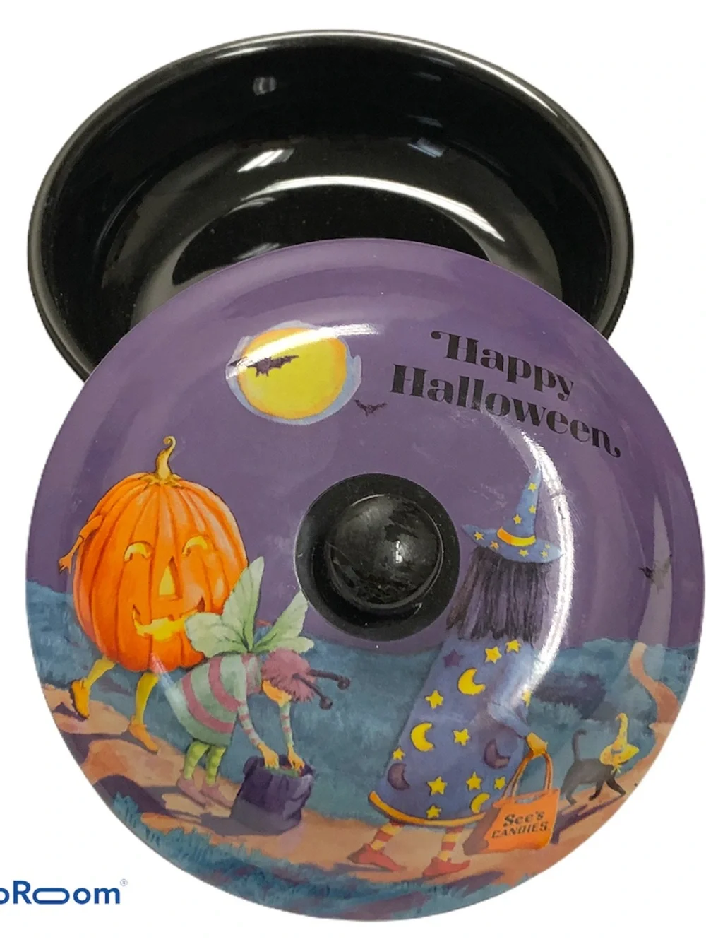 Witch Black Cat Trick or Treat Halloween Candy Dish with Lid Pumpkin